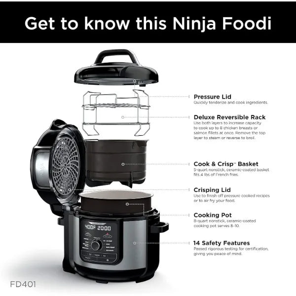 Ninja FD401 Foodi 12-in-1 Deluxe XL 8 qt. Pressure Cooker & Air Fryer that Steams, Slow Cooks, Sears, Sautés, Dehydrates & More